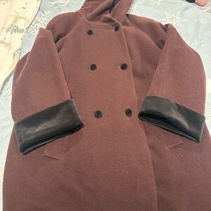 Maroon color classic Double-Breasted Trench Coat with hoodie adjustable sleeves